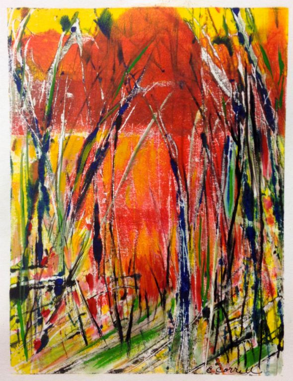 Sunset through the Marsh, monoprint, ink and mixed water media on paper, 10"H x 8"W